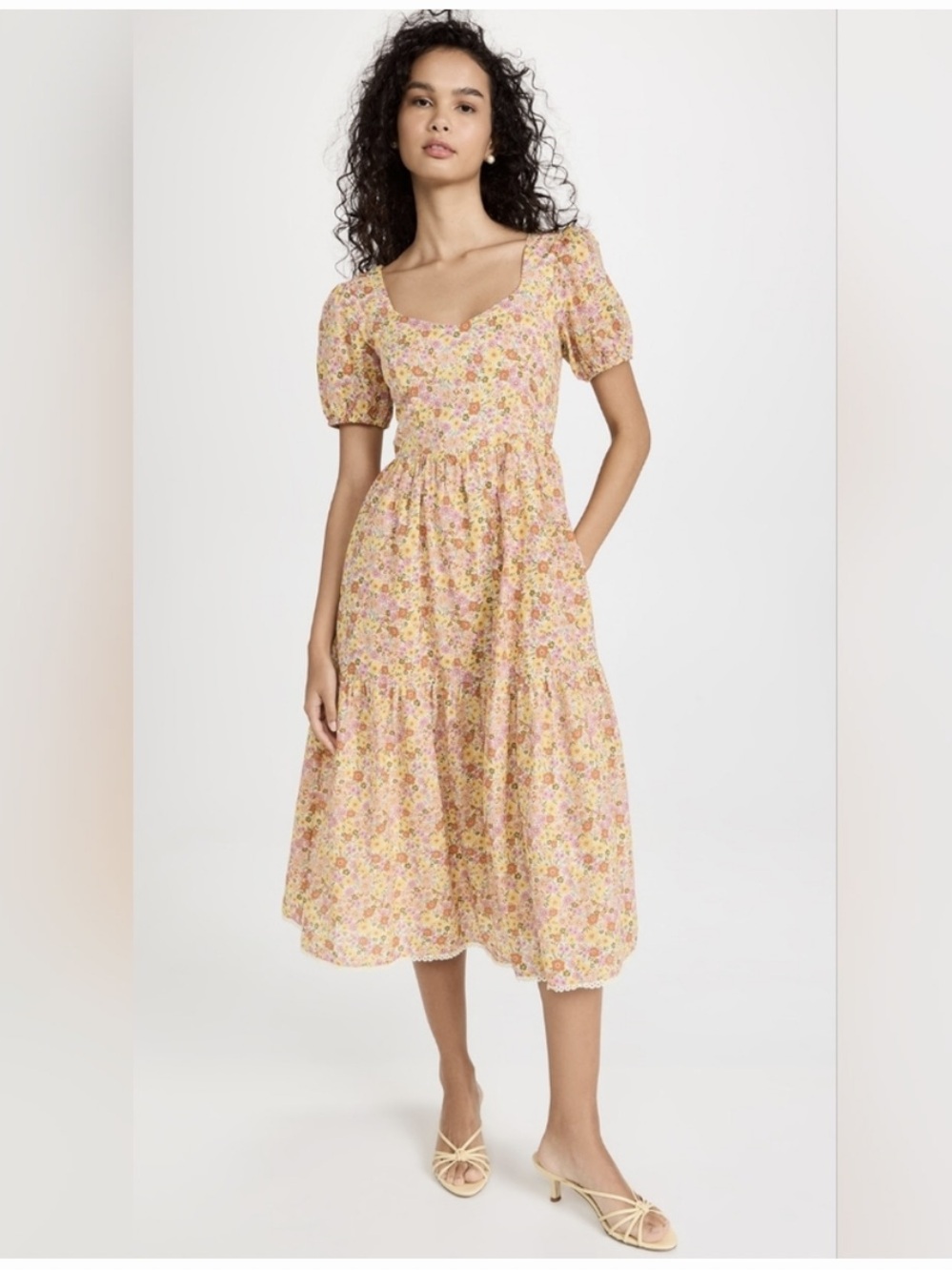 Lost + Wander Floral Puff-Sleeve Midi Dress in Yellow